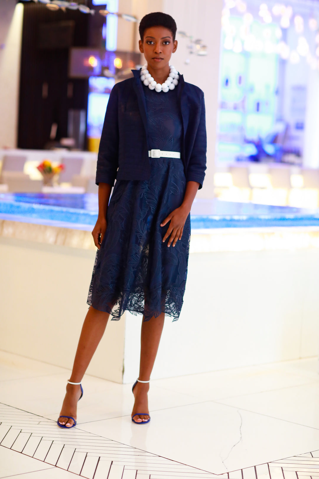 Midnight Blue Floral Knee Length Dress Dennis Basso Midnight Blue Floral Knee Length Dress Dennis Basso