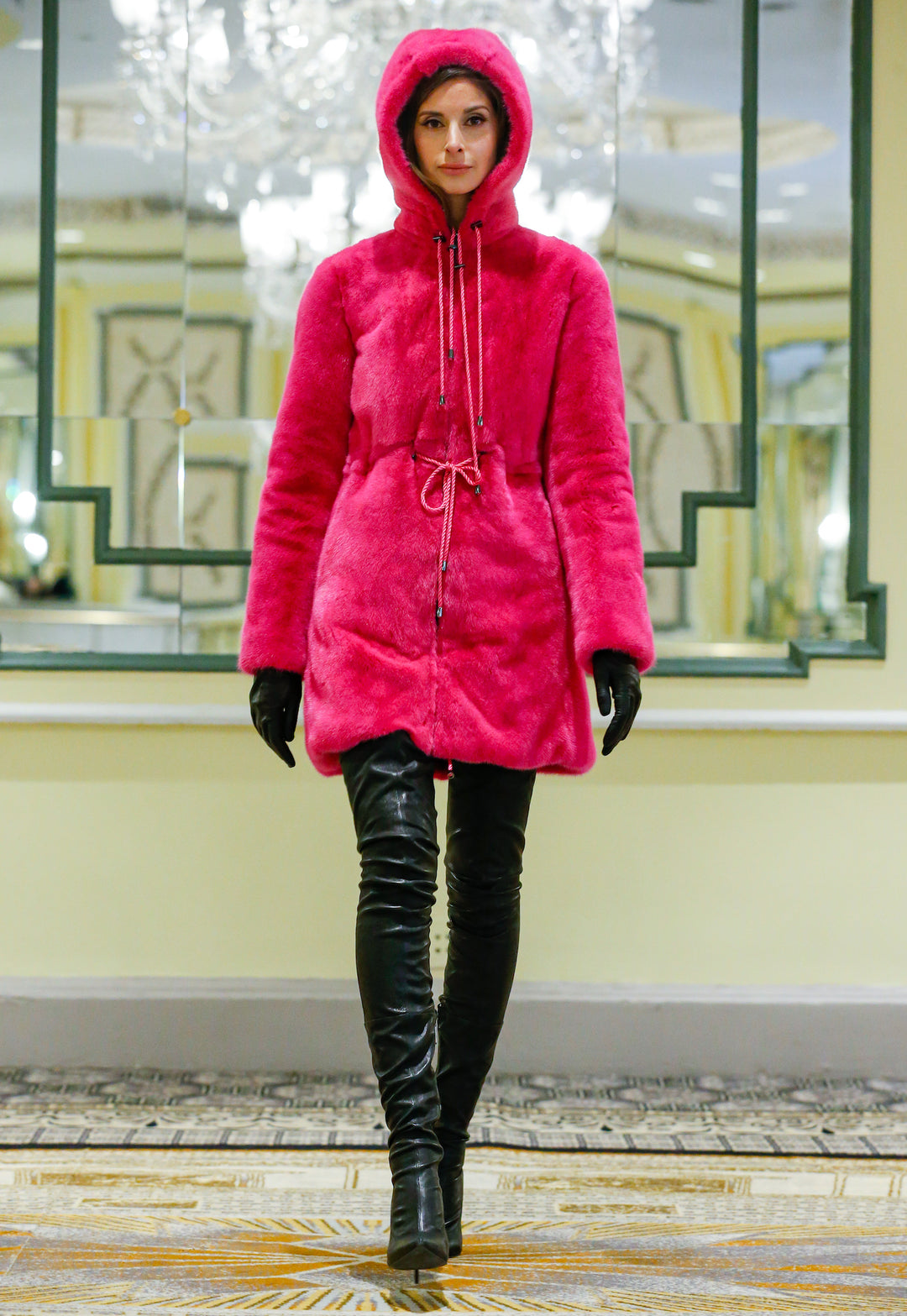 Hot Pink Mink Coat with Hood - Main Image
